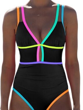 Popvil Black One-Piece Swimsuit with Neon Trim